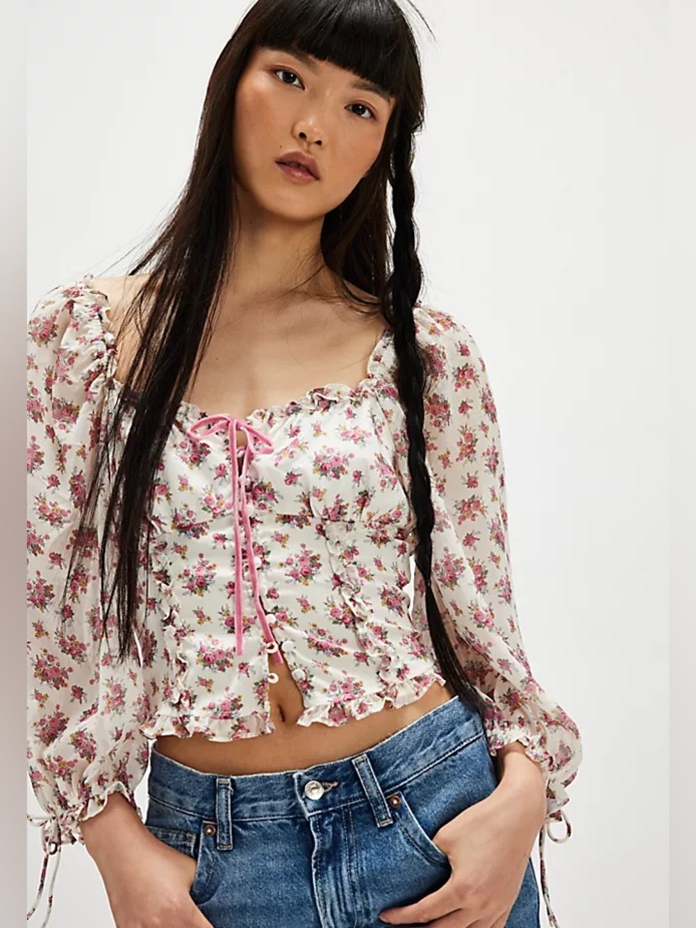 NWT (S) For Love & Lemons Etienne Fitted Blouse, White & Pink Square Neck Satin
